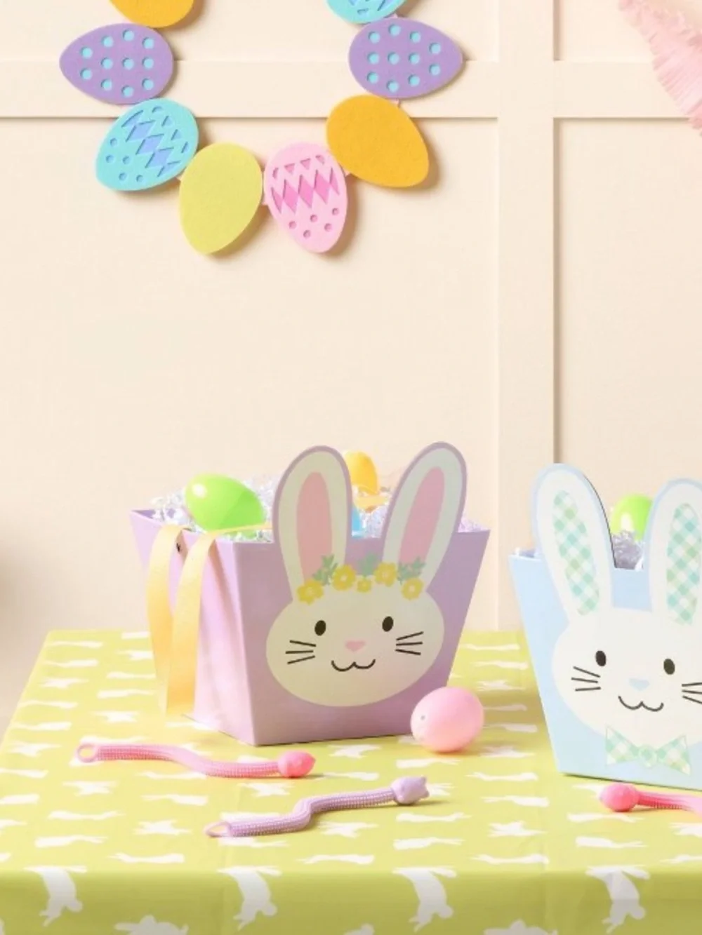 Purple Bunny Easter Basket with Yellow Ribbon Handle 9.2